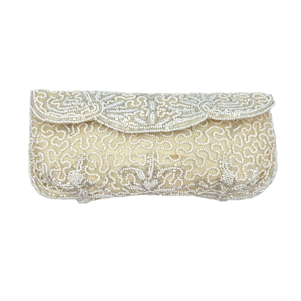 Vintage White Beaded Clutch Bag by Cecile